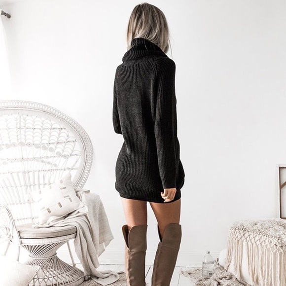 Cozy Cowl Neck Chunky Knit Sweater Dress Black - Picture 4 of 5